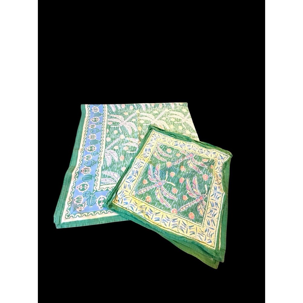 Vtg Tablecloth & Napkin Set Dragonfly Pastel Print by Pomegranate 55" Square